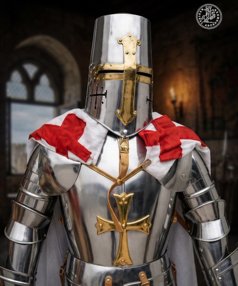 A polished steel suit of armor featuring a cylindrical great helm with a brass cross, a breastplate adorned with a large brass cross emblem, and a white mantle draped over the shoulders with red cross patches on each side.