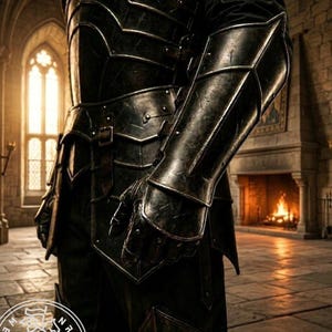 May include: A suit of dark, weathered metal plate armor featuring a breastplate, articulated pauldrons, and gauntlets. The armor has a distressed finish with visible scratches and metallic edges, secured with leather straps and metal buckles.