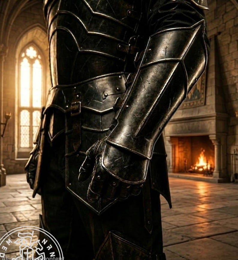 May include: A suit of dark, weathered metal plate armor featuring a breastplate, articulated pauldrons, and gauntlets. The armor has a distressed finish with visible scratches and metallic edges, secured with leather straps and metal buckles.