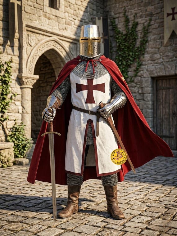 Medieval Templar Knight Armor Set: Red Cross Tunic, Helmet, Shield