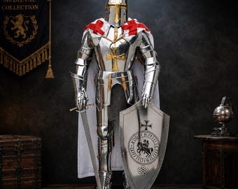 Medieval Templar Knight Armor Set - Wearable Crusader Suit of Armor with Shield & Helmet, Historical Replica Costume