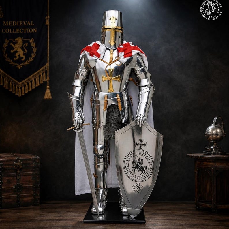 : A full suit of polished steel plate armor featuring a flat-topped helmet with a gold cross, a white cape with red crosses, a gold cross emblem on the chest, a long steel sword, and a large shield with a circular knight illustration.