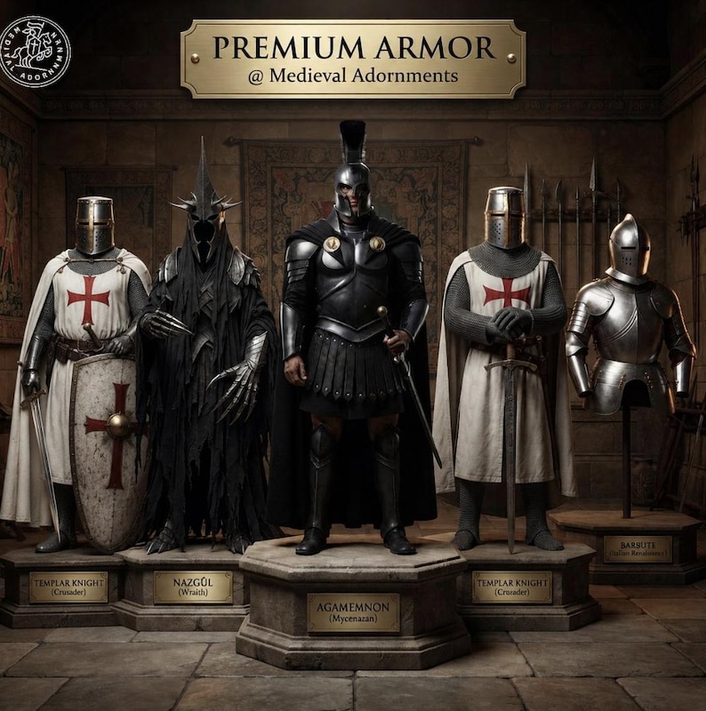 K&ouml;nnte beinhalten: Eine Ausstellung von f&uuml;nf R&uuml;stungen auf Sockeln mit der Aufschrift Premium Armor @ Medieval Adornments. Zu sehen sind zwei Tempelritter mit roten Kreuzen, ein dunkler Nazg&ucirc;l, eine schwarze Agamemnon-R&uuml;stung und ein silberner Barbuta-Helm.