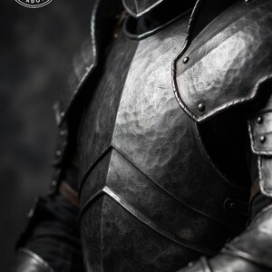 May include: A dark, hammered metal suit of armor featuring a breastplate with a central ridge, shoulder pauldrons, and arm guards. A circular logo in the upper left corner displays a knight on horseback with the text MEDIEVAL ADORN.