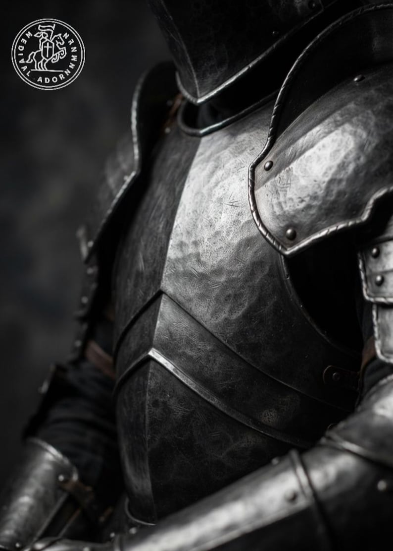 May include: A dark, hammered metal suit of armor featuring a breastplate with a central ridge, shoulder pauldrons, and arm guards. A circular logo in the upper left corner displays a knight on horseback with the text MEDIEVAL ADORN.