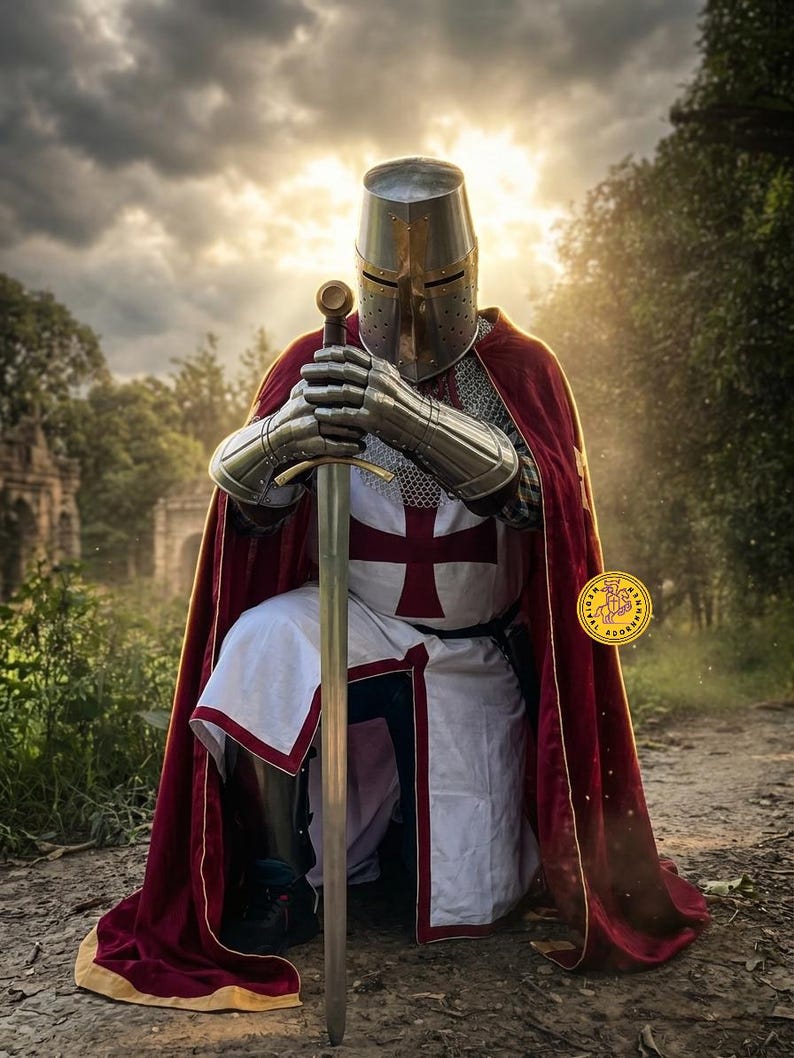 Pu&ograve; includere: Un cavaliere in armatura completa a piastre metalliche e elmo, inginocchiato mentre impugna una spada lunga. Il cavaliere indossa una sopravveste bianca con una croce rossa, una cuffia di maglia e un lungo mantello di velluto rosso scuro.