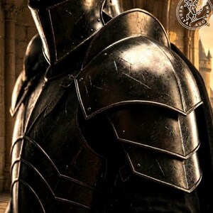 May include: A suit of dark, weathered metal plate armor featuring a full helmet and layered pauldrons covering the shoulders. The surface shows visible scratches and signs of wear. A circular logo with the text Medieval Adornment is visible.