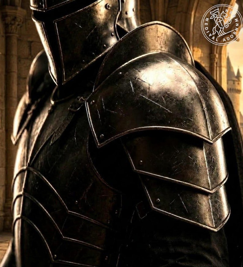 May include: A suit of dark, weathered metal plate armor featuring a full helmet and layered pauldrons covering the shoulders. The surface shows visible scratches and signs of wear. A circular logo with the text Medieval Adornment is visible.