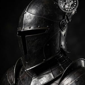 May include: A dark, weathered metal knight helmet with a T-shaped visor opening and visible surface scratches. The helmet features riveted construction and a circular logo in the upper right corner containing the text MEDIEVAL ADORNMENT.