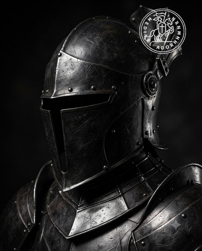 May include: A dark, weathered metal knight helmet with a T-shaped visor opening and visible surface scratches. The helmet features riveted construction and a circular logo in the upper right corner containing the text MEDIEVAL ADORNMENT.