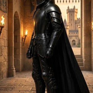 May include: A full suit of polished black metal armor featuring a rounded helmet with a narrow visor, segmented shoulder pauldrons, gauntlets, and greaves. The armor is worn with a long, flowing black cape that extends to the floor.