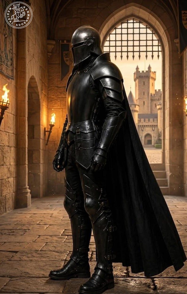 May include: A full suit of polished black metal armor featuring a rounded helmet with a narrow visor, segmented shoulder pauldrons, gauntlets, and greaves. The armor is worn with a long, flowing black cape that extends to the floor.