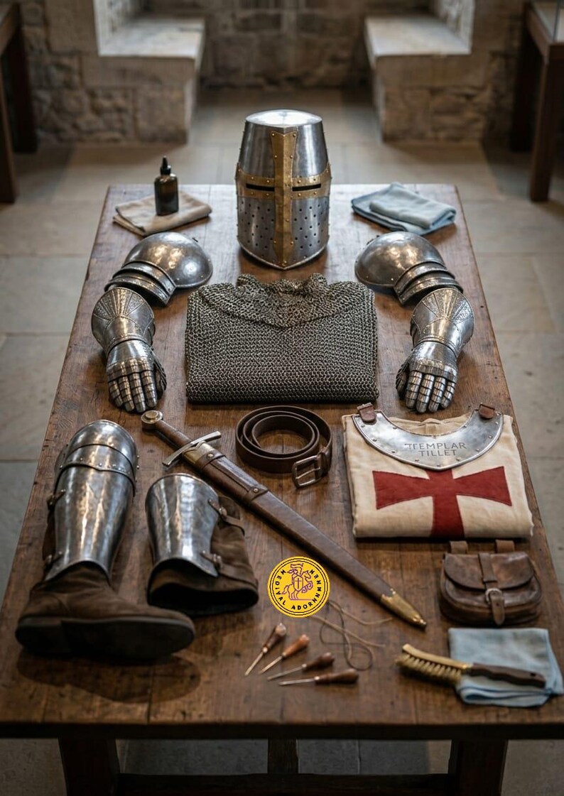 Pu&ograve; includere: Una collezione di armature in stile medievale che include un elmo in acciaio con una croce in ottone, una cotta di maglia, guanti articolati, schinieri, una cintura in pelle, una spada con fodero, una tunica bianca con croce rossa e una borsa in pelle.