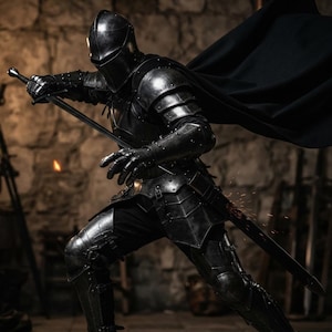 May include: A full suit of dark metallic plate armor featuring a polished finish, a closed helmet, and articulated gauntlets. The armor is paired with a long, flowing black cape and a longsword held in a defensive stance, showcasing intricate metal joints.