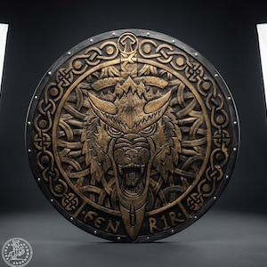 Op de afbeelding: Een rond houten schild met een uitgesneden wolvenkop in het midden, omringd door ingewikkelde Keltische knooppatronen. Een zwaardmotief strekt zich verticaal uit achter de wolf. De tekst FENRIR is onderaan gegraveerd. Het schild heeft een donkere afwerking.