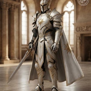 May include: A suit of white and gold plate armour featuring a winged helmet, a chest piece with a sun emblem, and a long matching cape. The armour includes gauntlets, greaves, and pauldrons with wing details. A long sword is held in the right hand.