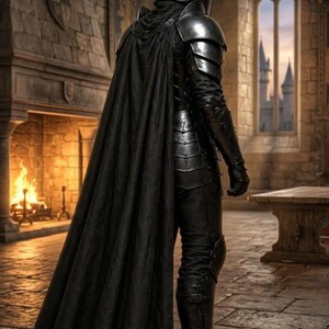 May include: A full suit of polished black metal plate armor featuring a rounded helmet, segmented shoulder pauldrons, and gauntlets. A long, flowing black fabric cape is attached at the shoulders, worn over black trousers and tall leather boots.