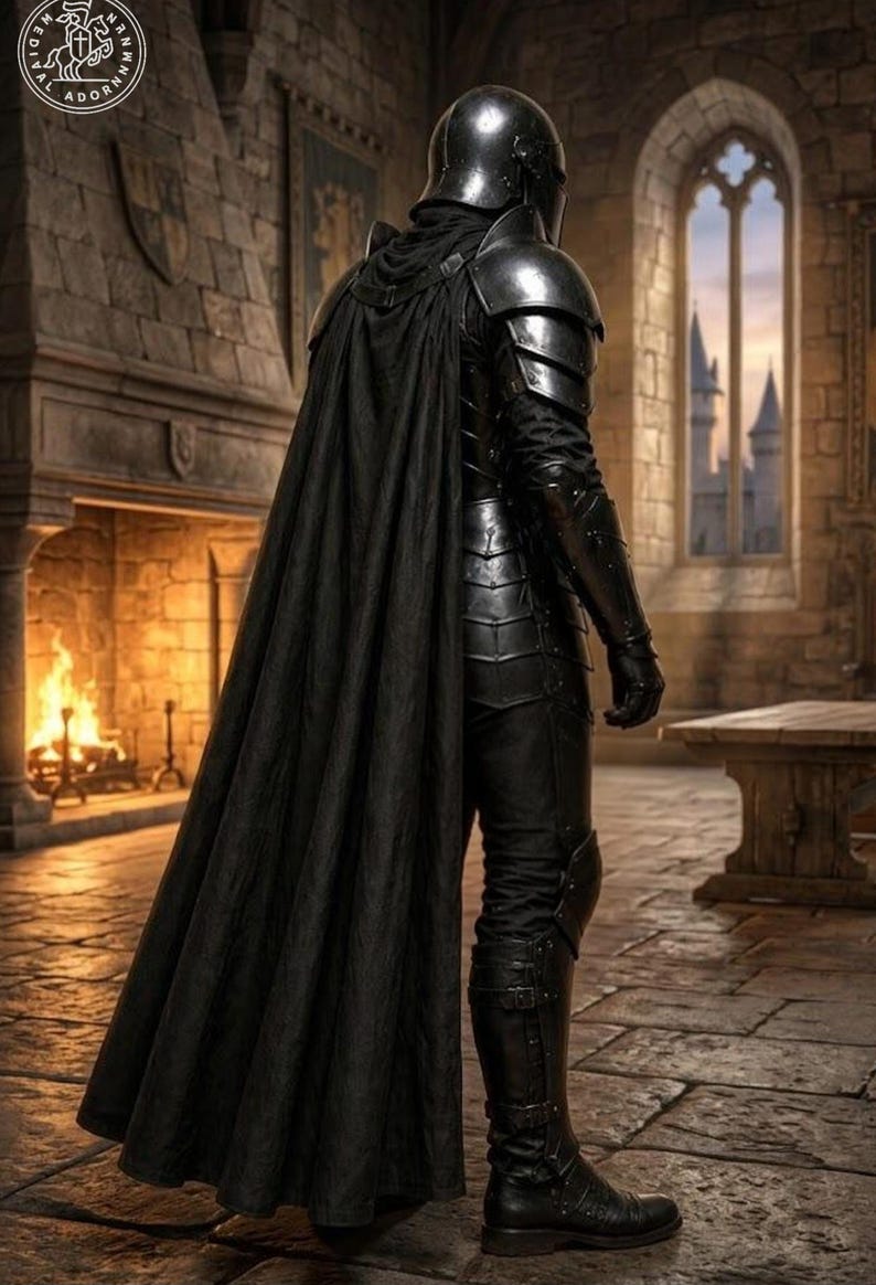 May include: A full suit of polished black metal plate armor featuring a rounded helmet, segmented shoulder pauldrons, and gauntlets. A long, flowing black fabric cape is attached at the shoulders, worn over black trousers and tall leather boots.