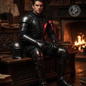 May include: A person wearing a full set of dark, metallic plate armor, including a breastplate, pauldrons, gauntlets, and greaves. A matching helmet sits on the wooden bench beside them. The armor features a polished, dark finish with visible rivets.