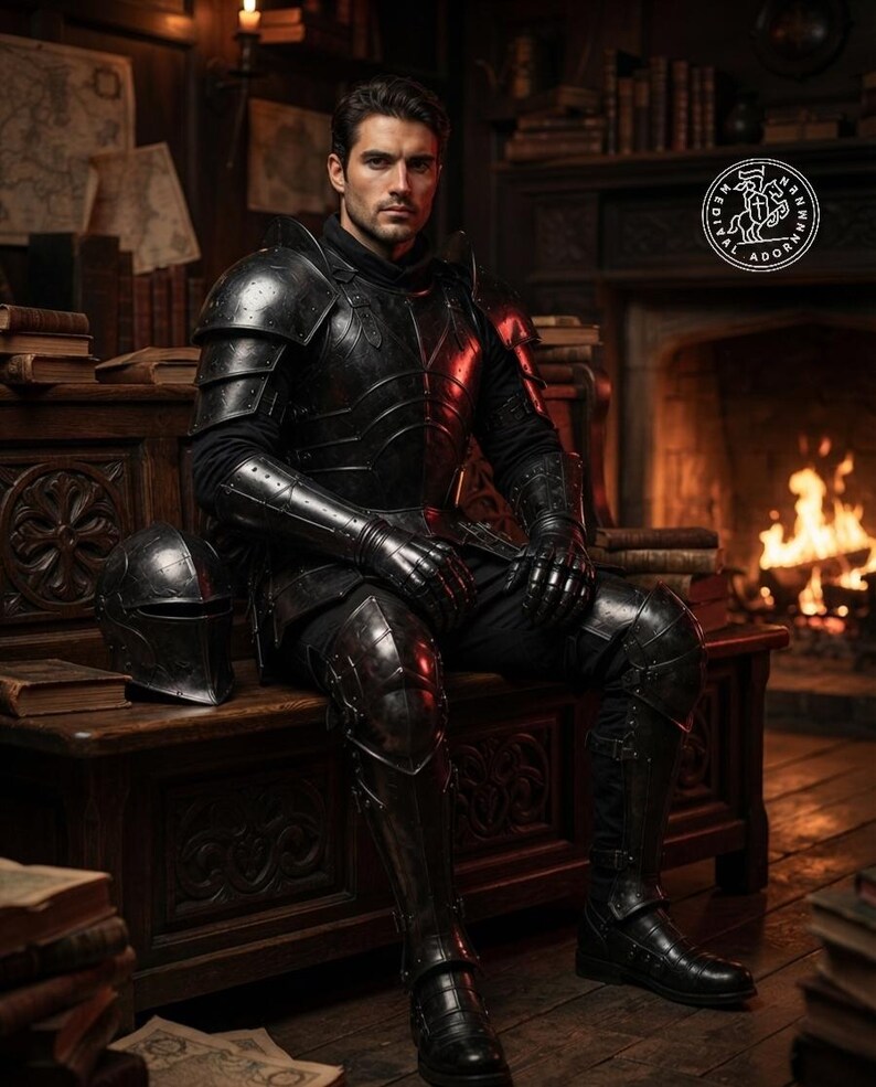 May include: A person wearing a full set of dark, metallic plate armor, including a breastplate, pauldrons, gauntlets, and greaves. A matching helmet sits on the wooden bench beside them. The armor features a polished, dark finish with visible rivets.