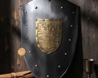 Steel Crusader Shield: Medieval Knight Heater Shield with Brass Eagle