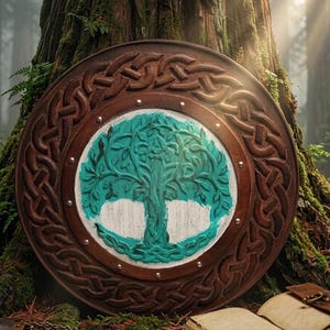 May include: A circular wooden shield featuring a carved brown border with an intricate Celtic knot pattern. The centre displays a painted teal tree design on a white background. Silver-coloured rivets are spaced evenly around the inner rim.