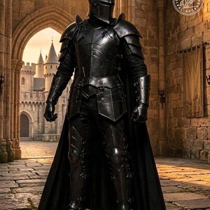 May include: A full suit of black metal armor featuring a helmet with a visor, shoulder pauldrons, gauntlets, and greaves. The armor is worn with a long black cape and includes a circular logo in the top right corner with the text Medieval Adorn.