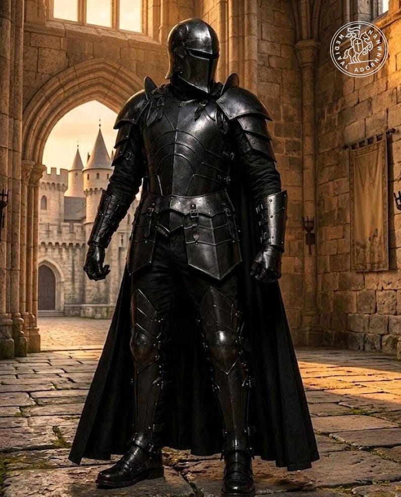 May include: A full suit of black metal armor featuring a helmet with a visor, shoulder pauldrons, gauntlets, and greaves. The armor is worn with a long black cape and includes a circular logo in the top right corner with the text Medieval Adorn.