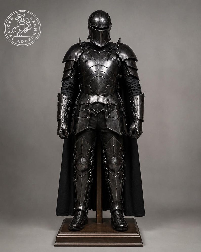 May include: A full suit of dark charcoal metal armor featuring a rounded helmet, articulated shoulder pauldrons, gauntlets, and greaves. The armor is worn over a black garment with a long black cape. A circular logo with a horse is in the top left.