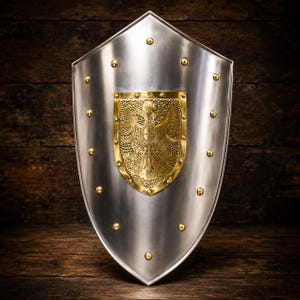 Puede incluir: Un escudo de metal plateado pulido con forma puntiaguda en la parte superior e inferior. El escudo presenta una placa central de metal dorado con el relieve de un águila bicéfala y está decorado con remaches dorados espaciados uniformemente.