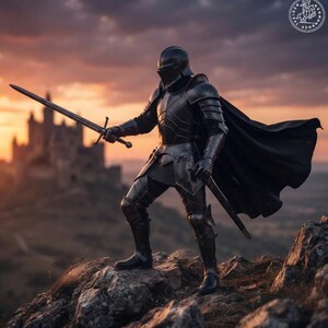 May include: A suit of dark metallic plate armor featuring a full helmet, articulated gauntlets, and greaves. The armor includes a long, flowing black cape and is paired with a double-edged steel sword held in a raised position by the armored figure.