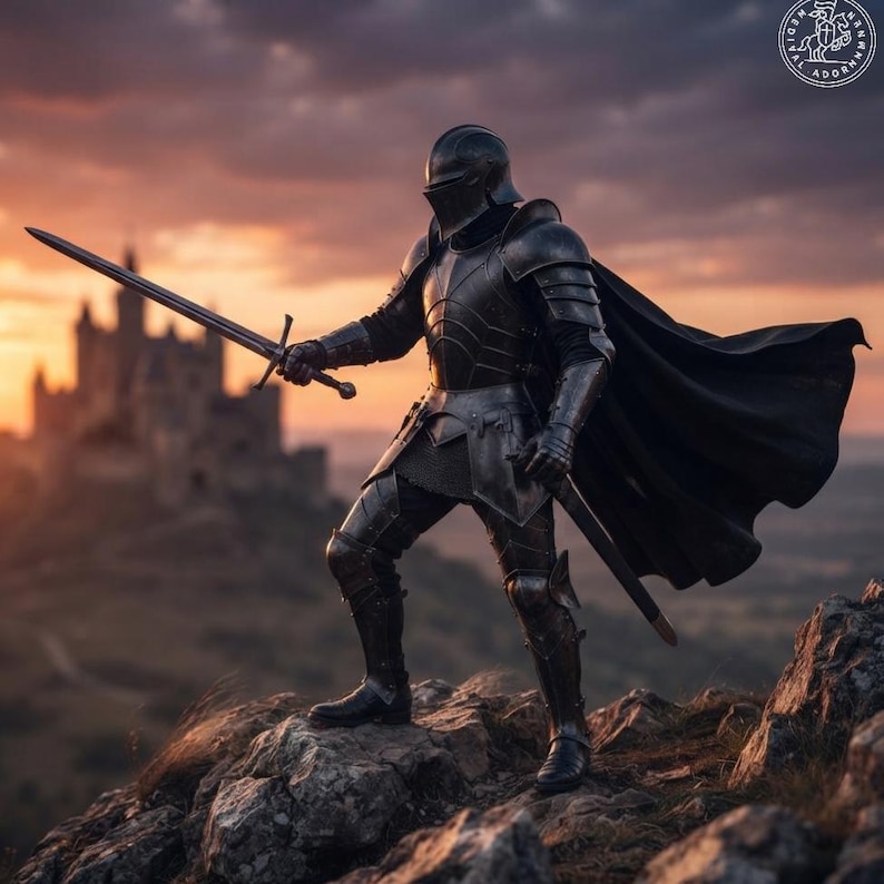 May include: A suit of dark metallic plate armor featuring a full helmet, articulated gauntlets, and greaves. The armor includes a long, flowing black cape and is paired with a double-edged steel sword held in a raised position by the armored figure.