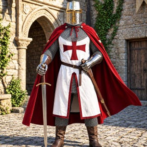 Op de afbeelding: Een middeleeuws harnas met een zilverkleurige metalen helm, een witte tuniek met een rood kruis en een lange rode cape. Het harnas bevat maliënkolder, metalen handschoenen en bruine leren laarzen. Een lang stalen zwaard wordt vastgehouden.