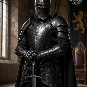 May include: A full suit of dark, weathered steel plate armor featuring a closed helmet with a narrow visor, articulated pauldrons, gauntlets, and a breastplate. A long, dark cape hangs from the shoulders, and a longsword is held upright.