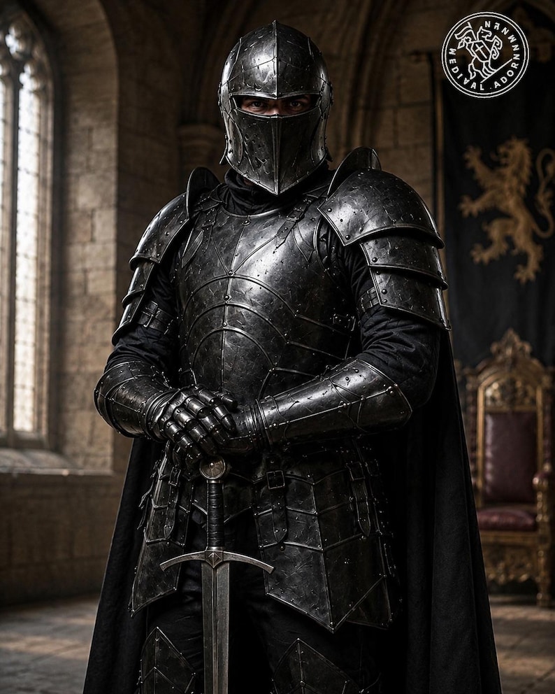 May include: A full suit of dark, weathered steel plate armor featuring a closed helmet with a narrow visor, articulated pauldrons, gauntlets, and a breastplate. A long, dark cape hangs from the shoulders, and a longsword is held upright.
