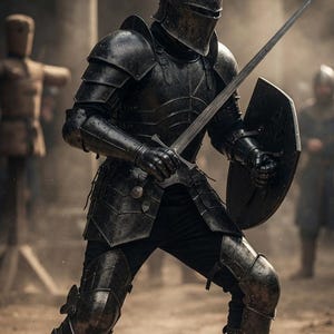 May include: A suit of dark, weathered metal plate armor featuring a full helmet with a narrow visor, articulated shoulder and arm guards, a breastplate, and leg greaves. The armor is paired with a long, straight steel sword and a shield.