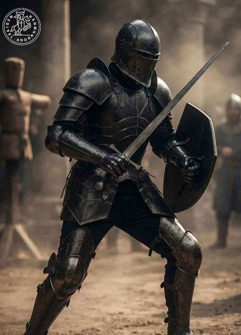 May include: A suit of dark, weathered metal plate armor featuring a full helmet with a narrow visor, articulated shoulder and arm guards, a breastplate, and leg greaves. The armor is paired with a long, straight steel sword and a shield.