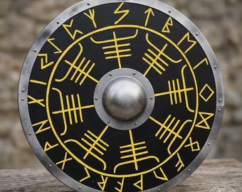 Vegvisir-schild Vikingrunen | Handgemaakt houten Noors rond schild | LARP-cosplayrekwisieten en middeleeuws decor