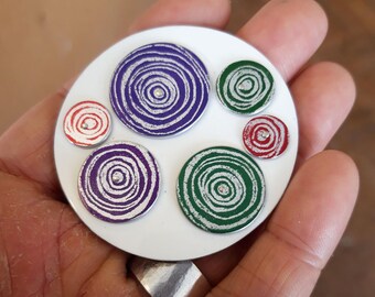 Women's Suffrage, purple, green, red and white, anodized aluminum, brooch