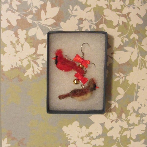 Miniature Needle Felted Cardinal Earrings