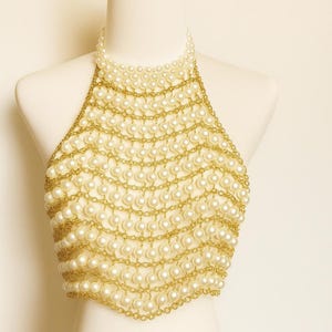 Handmade Pearl Body Chain Top, Festival Beach Outfit, Statement Beaded Halter Necklace Bra, Summer Jewelry Crop Top