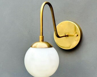 Handmade Brass Sconce: Milk Glass Globe, Mid-Century Wall Light