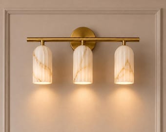 Handcrafted Alabaster Brass 3-Light Sconce, Mid-Century Modern Bathroom Fixture