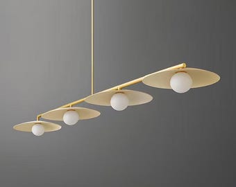 Handmade Brass Linear Chandelier: Milk Glass Globe Dining Light Fixture