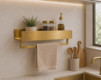 Brass Bathroom Shelf with Towel Bar | Modern Wall-Mounted Bathroom Organizer