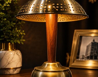 Handcrafted Brass Table Lamp – Perforated Dome Shade, Solid Wood Stem (Mid-Century Modern)