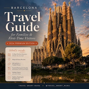 May include: A Barcelona travel guide for families and first-time visitors, 2026 premium edition. The cover features the Sagrada Familia at sunset and lists contents including a 3-day itinerary, maps, attraction tickets, food guide, hidden gems, and tips.