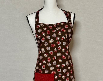 Woman's Apron with Coffee Cups, Gift Apron for Mom, Handmade Apron with Pocket, Ready to Ship, Woman's Large Cooking Apron