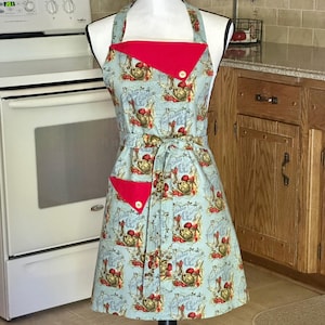 Woman&#39;s Large Gift Apron, Ready to Ship, Adult Retro Bib Apron with Vegetables, Handmade Kitchen Clothing Accessory