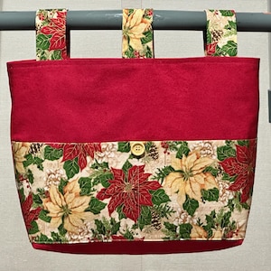 Christmas Walker Caddy with Poinsettias, Ready to Ship, Walker Tote Bag w/Pockets & 3 Straps, Handmade Senior Gift Walker Organizer Carryall